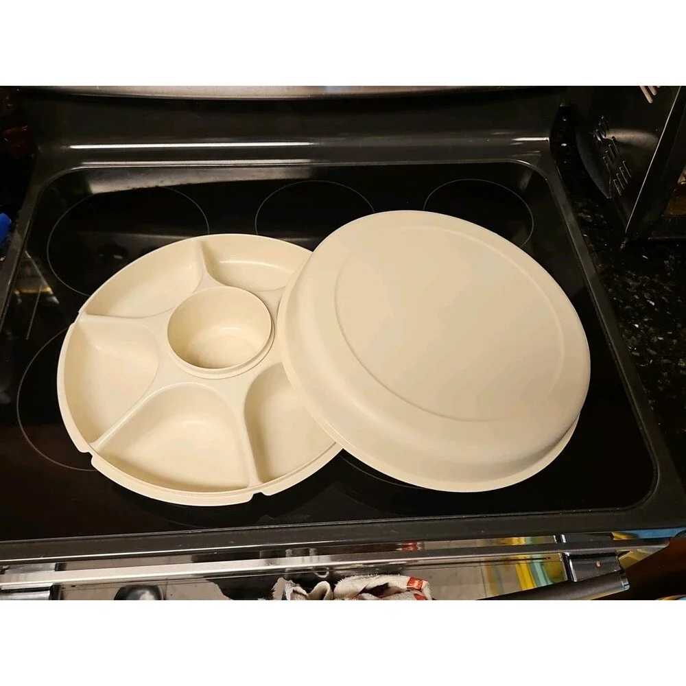 Tupperware Divided Serving Tray 1665-3 Almond With Lid & Dip Bowl 3 pc set